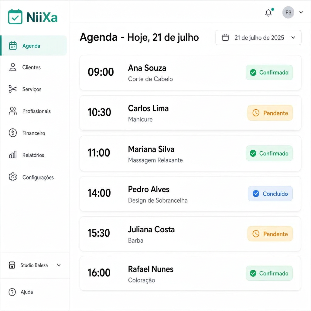 Tela da agenda semanal da Niixa com horários e clientes